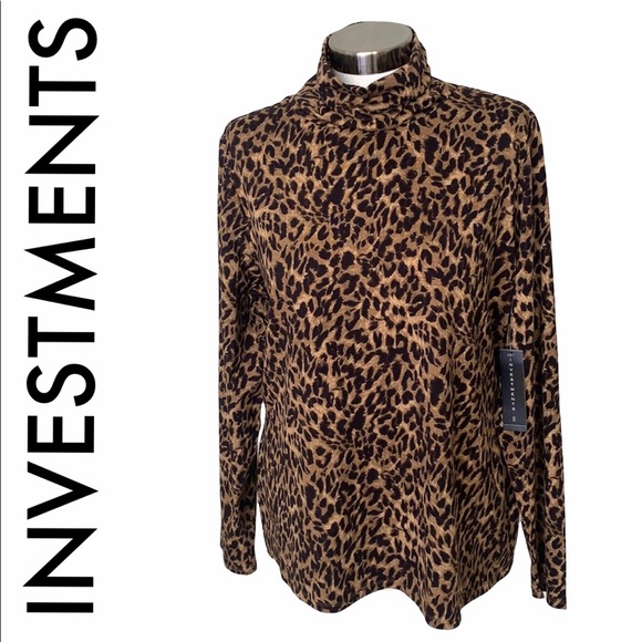 Investments Tops - INVESTMENTS NWT BLACK BROWN TAN LEOPARD SILKY STRETCH TURTLENECK LONG SLEEVE 1X